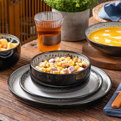 "Chic" Kollektion | 16/24-tlg. Geschirr Set | Weiß, Schwarz | Steingut - Töpferkunst | Steingut Geschirrsets