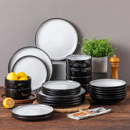 "Chic" Kollektion | 16/24-tlg. Geschirr Set | Weiß, Schwarz | Steingut - Töpferkunst | Steingut Geschirrsets