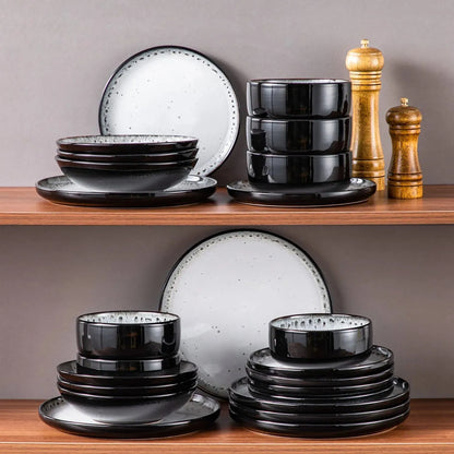 "Chic" Kollektion | 16/24-tlg. Geschirr Set | Weiß, Schwarz | Steingut - Töpferkunst | Steingut Geschirrsets