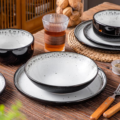 "Chic" Kollektion | 16/24-tlg. Geschirr Set | Weiß, Schwarz | Steingut - Töpferkunst | Steingut Geschirrsets