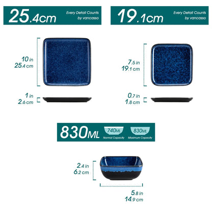 "Color Square" Collection | 12/24/36-piece Dinnerware Set | Blue | Stoneware