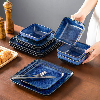 "Color Square" Collection | 12/24/36-piece Dinnerware Set | Blue | Stoneware