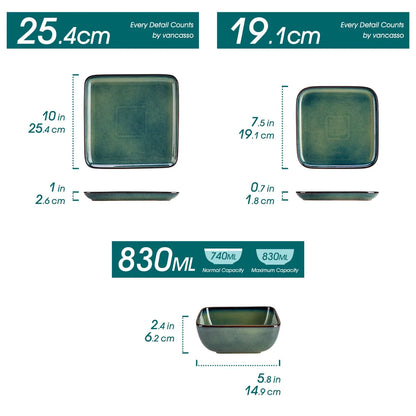 "Color square" Collection | 12/24/36-piece Dinnerware Set | Green | Stoneware