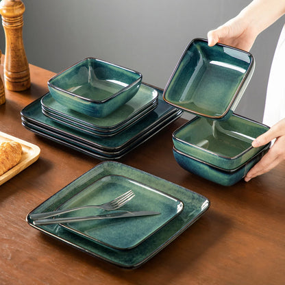 "Color square" Collection | 12/24/36-piece Dinnerware Set | Green | Stoneware