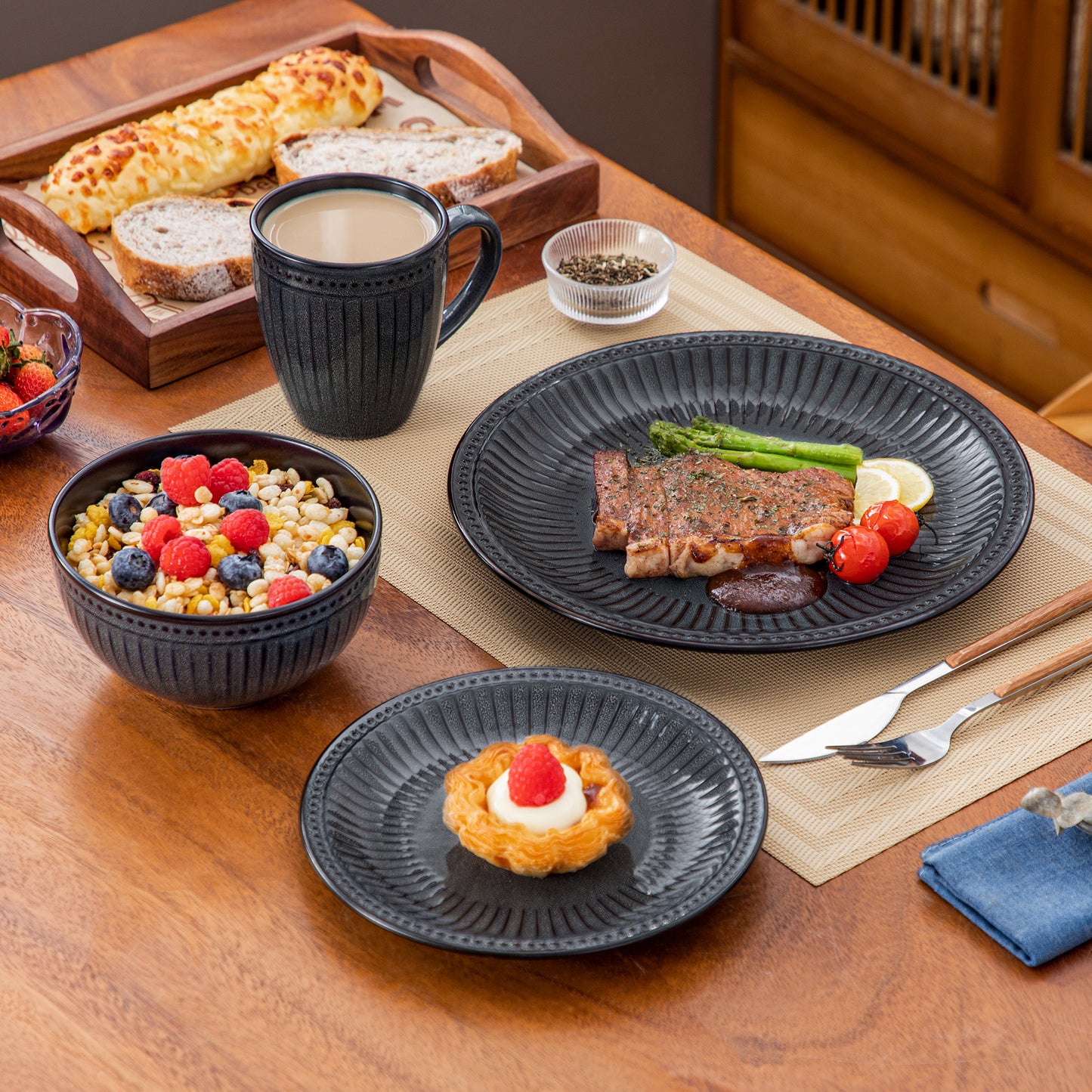 "Noble" Collection | 16/32/48-piece Dinnerware Set | Dark Grey | Stoneware