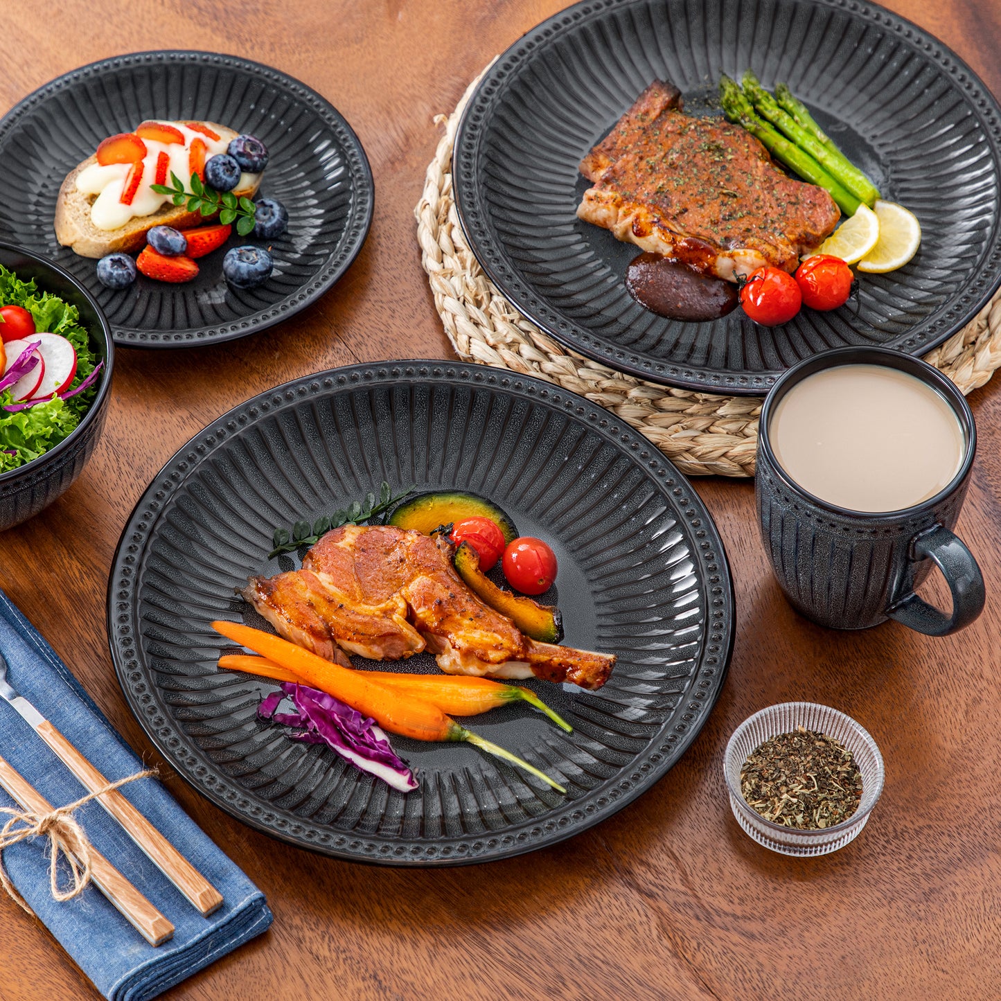 "Noble" Collection | 16/32/48-piece Dinnerware Set | Dark Grey | Stoneware