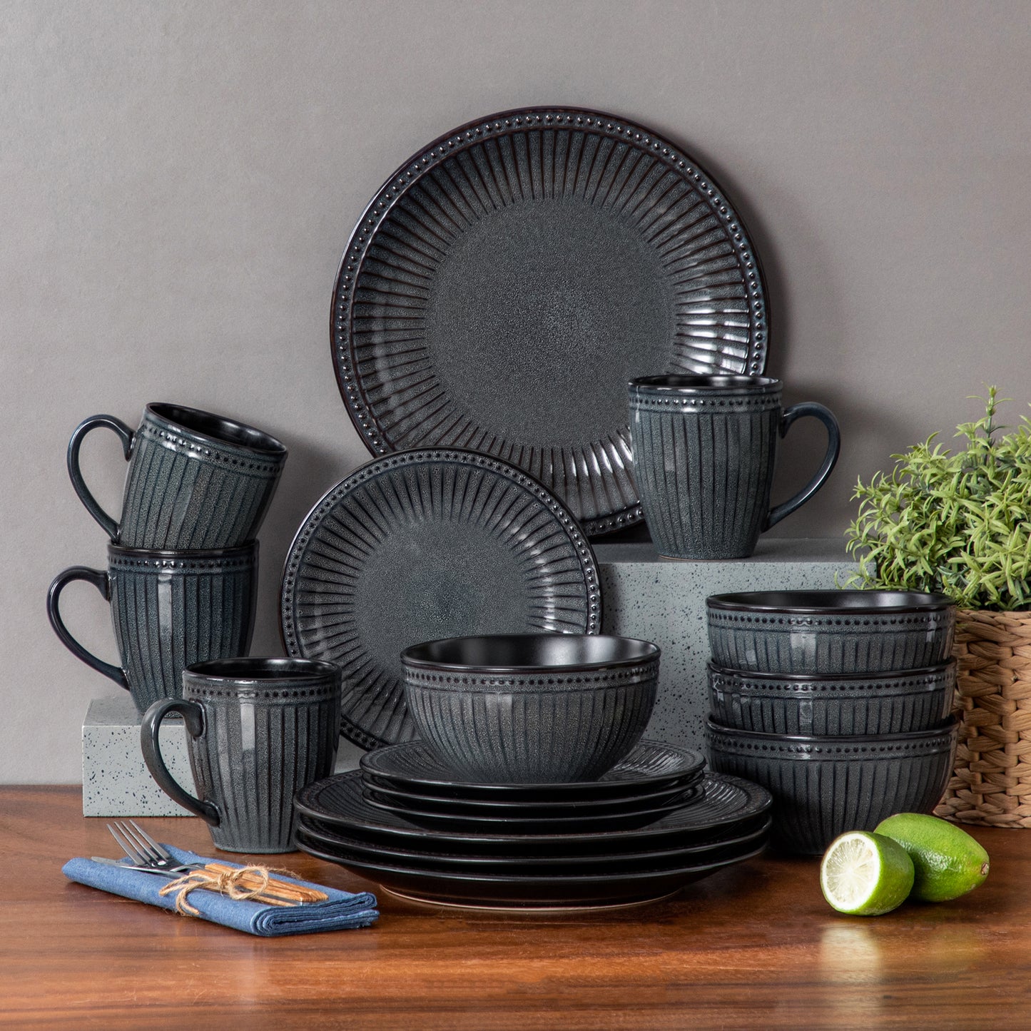 "Noble" Collection | 16/32/48-piece Dinnerware Set | Dark Grey | Stoneware