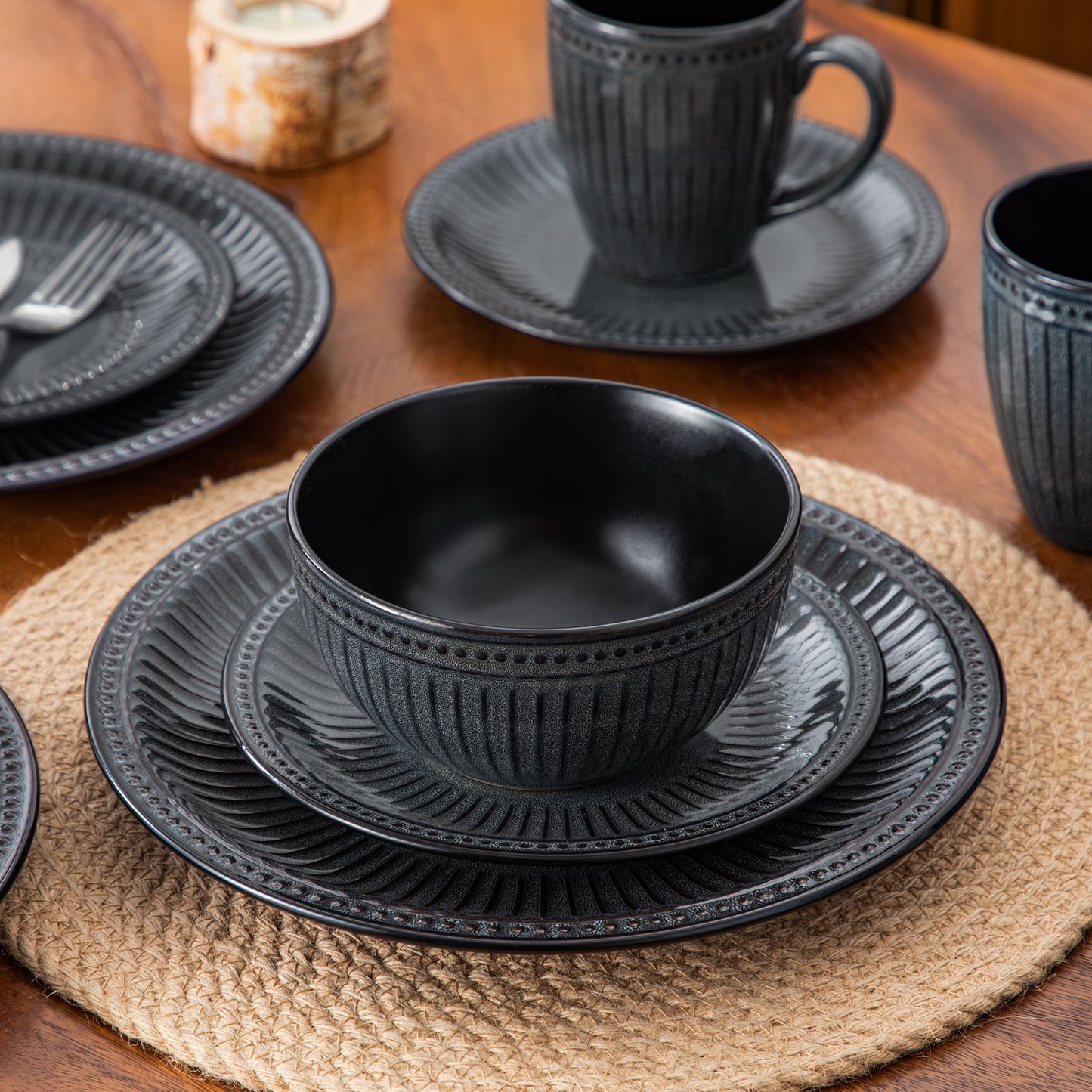 "Noble" Collection | 16/32/48-piece Dinnerware Set | Dark Grey | Stoneware