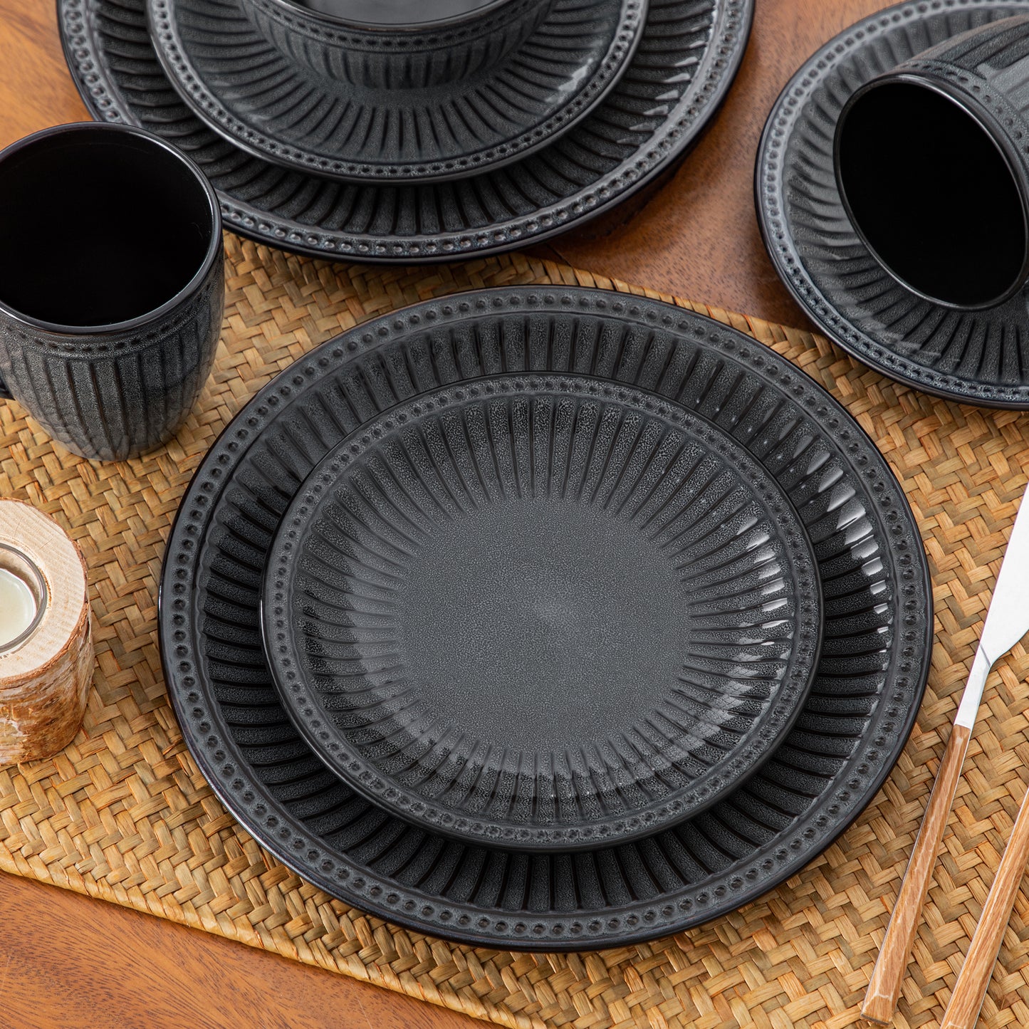 "Noble" Collection | 16/32/48-piece Dinnerware Set | Dark Grey | Stoneware