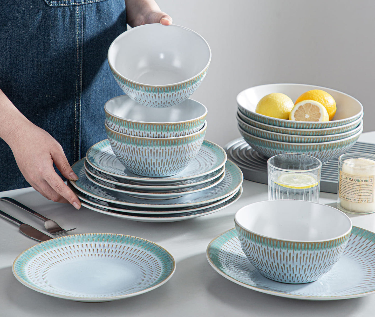 "Noble" Collection | 16/32/48-piece Dinnerware Set | Light Blue, Green | Stoneware