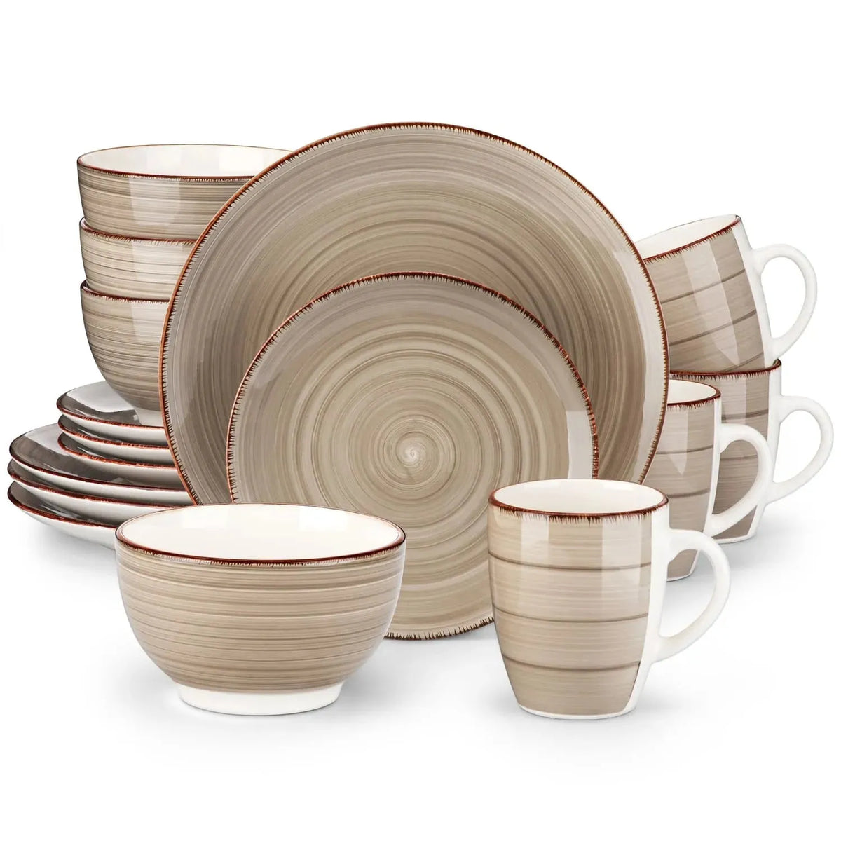 "Spiral" Kollektion | 16/32/48-tlg. Geschirr Set | Braun, Beige | Steingut - Töpferkunst | Steingut Geschirrsets