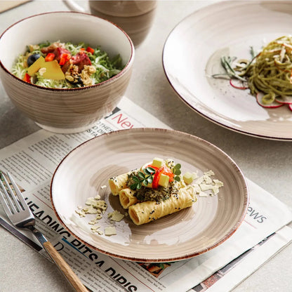 "Spiral" Kollektion | 16/32/48-tlg. Geschirr Set | Braun, Beige | Steingut - Töpferkunst | Steingut Geschirrsets