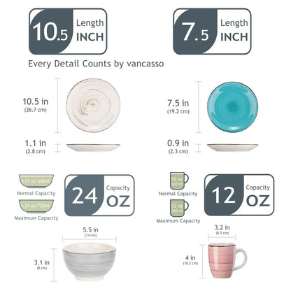 "Spiral" Kollektion | 16/32/48-tlg. Geschirr Set | Bunt, Beige, Grau, rot, Türkis | Steingut - Töpferkunst | Steingut Geschirrsets